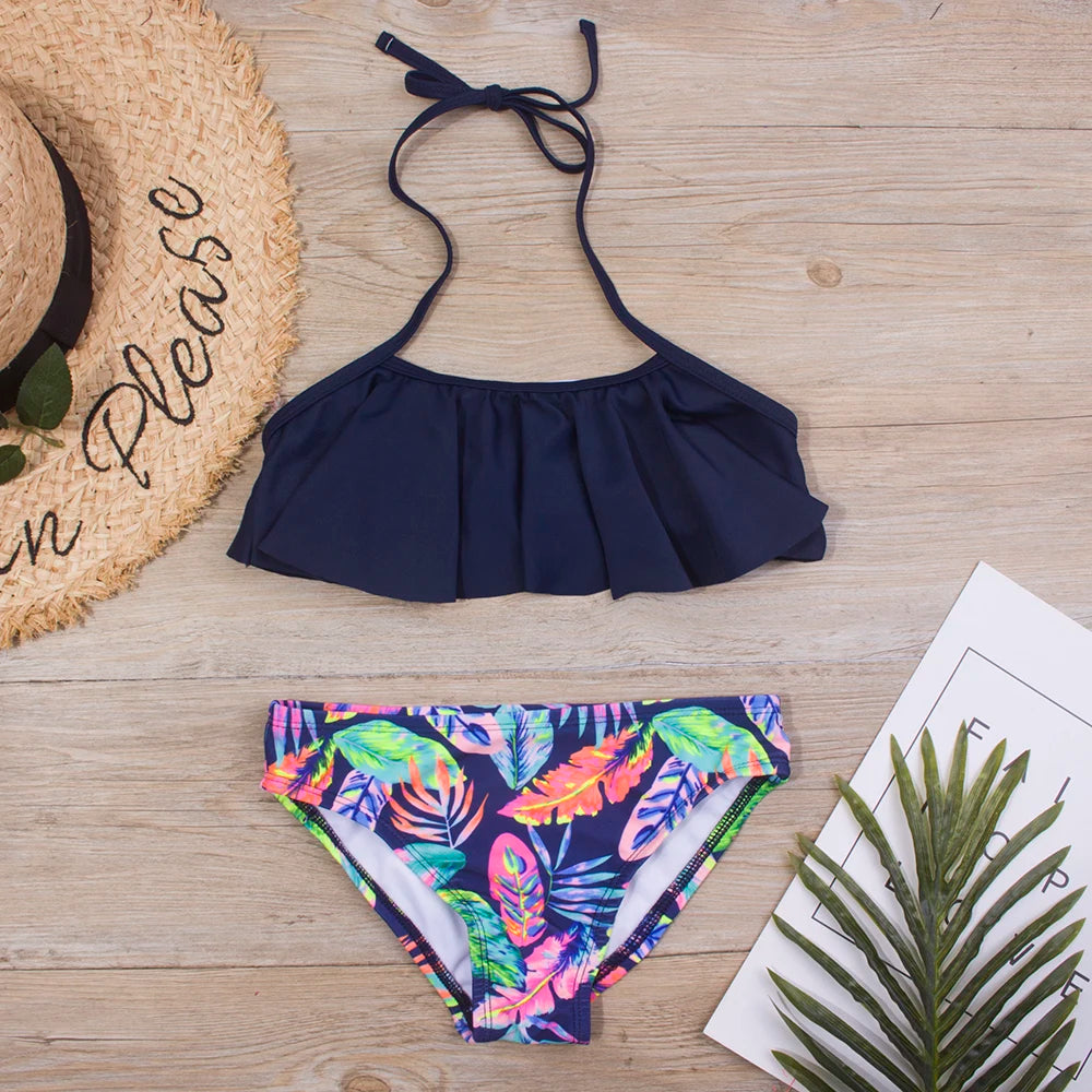 Print Summer Girls Kids Bikinis Set 5-14 Years Ruffle Kids Swimwear Swimsuit Children Bandage Swimming Bathing Suit Beachwear