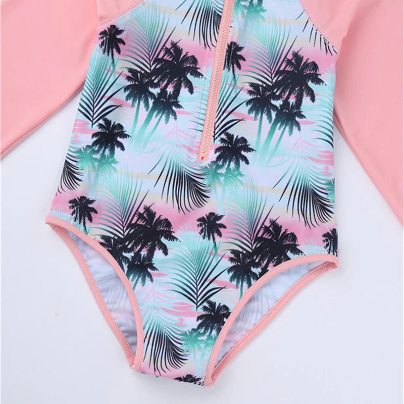 Summer Swimming One-piece Kids Girls Swimsuit Rash Guard Long Sleeves Palm Printed Zippered Bathing Suit Swimwear Beach Wear