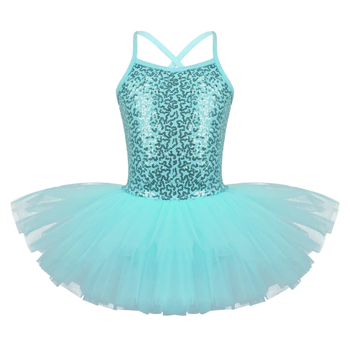 Kids Girls Ballet Tutu Dress Sequin Cross Strap Sleeveless Performance Costume Gymnastics Sequined Ballerina Leotard Gown Outfit
