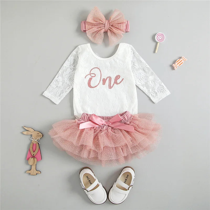 Baby Girls My First Birthday Outfits, Cute Long Sleeve Floral Lace Romper + Tutu Skirt + Headband Set, 0-30Months