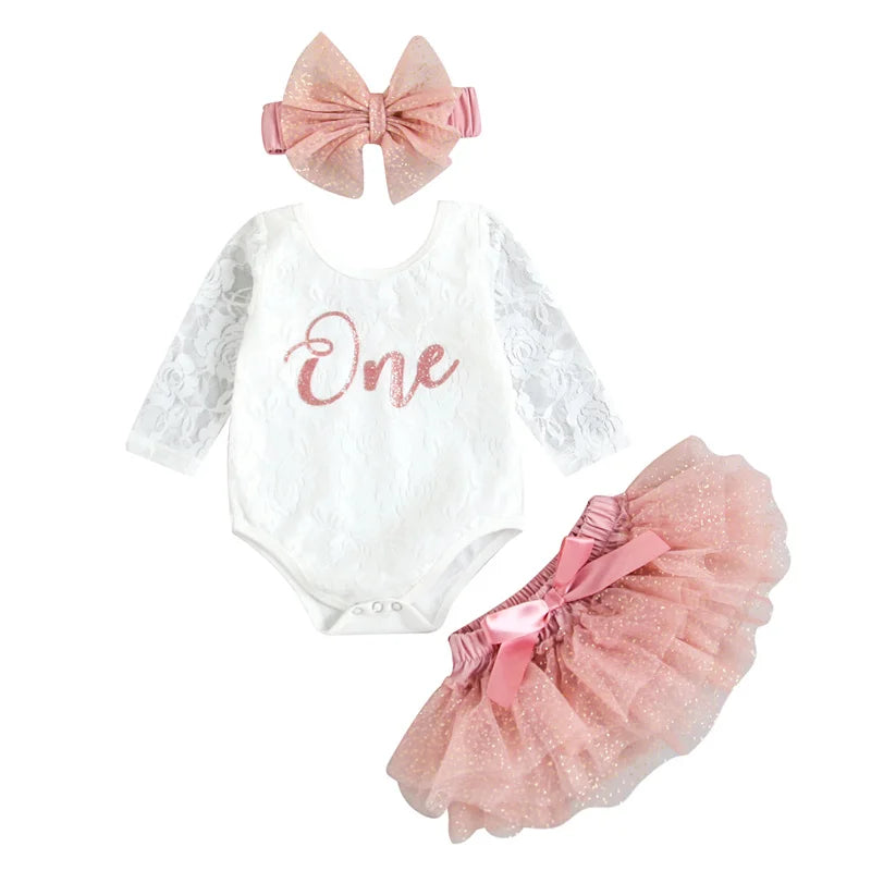 Baby Girls My First Birthday Outfits, Cute Long Sleeve Floral Lace Romper + Tutu Skirt + Headband Set, 0-30Months