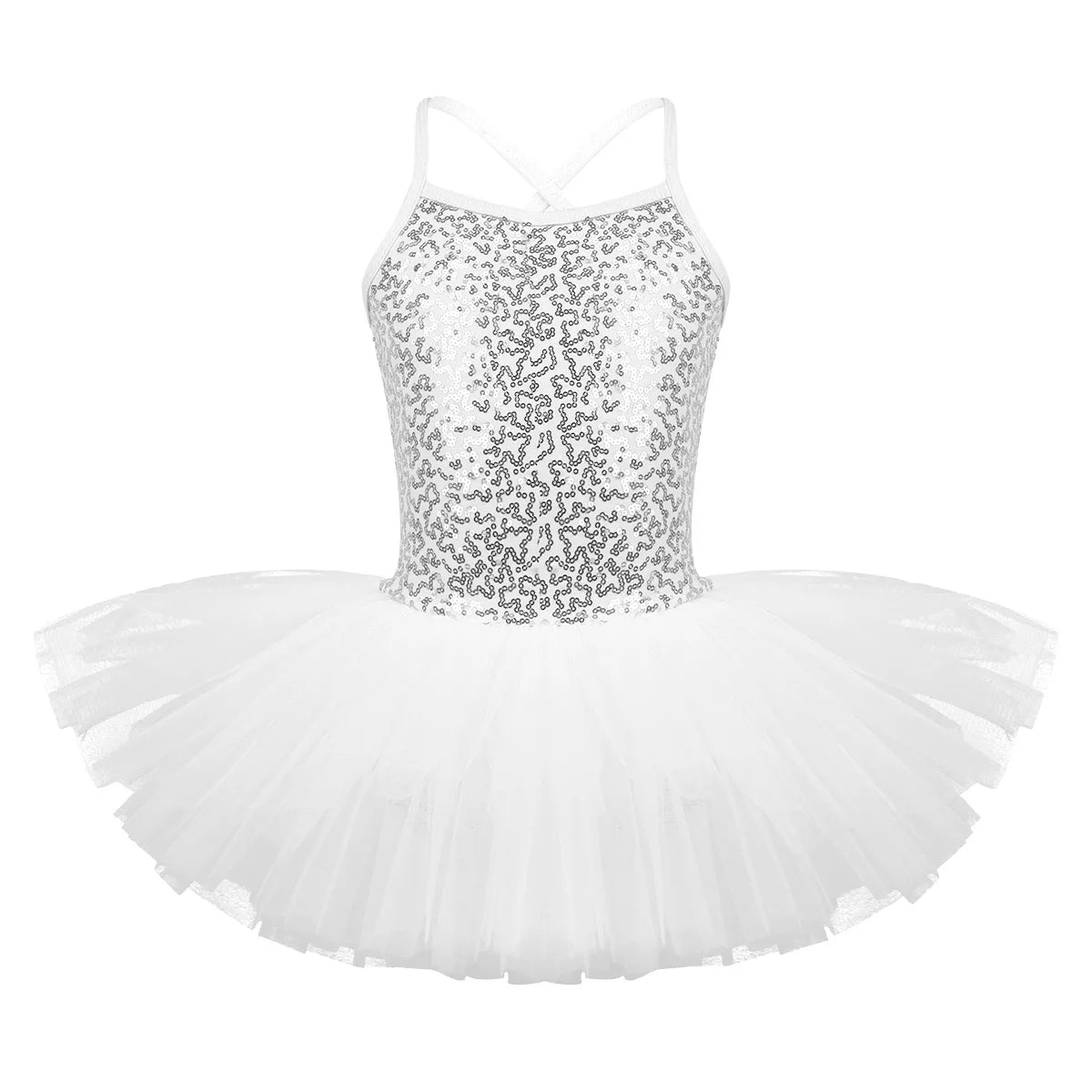 Kids Girls Ballet Tutu Dress Sequin Cross Strap Sleeveless Performance Costume Gymnastics Sequined Ballerina Leotard Gown Outfit