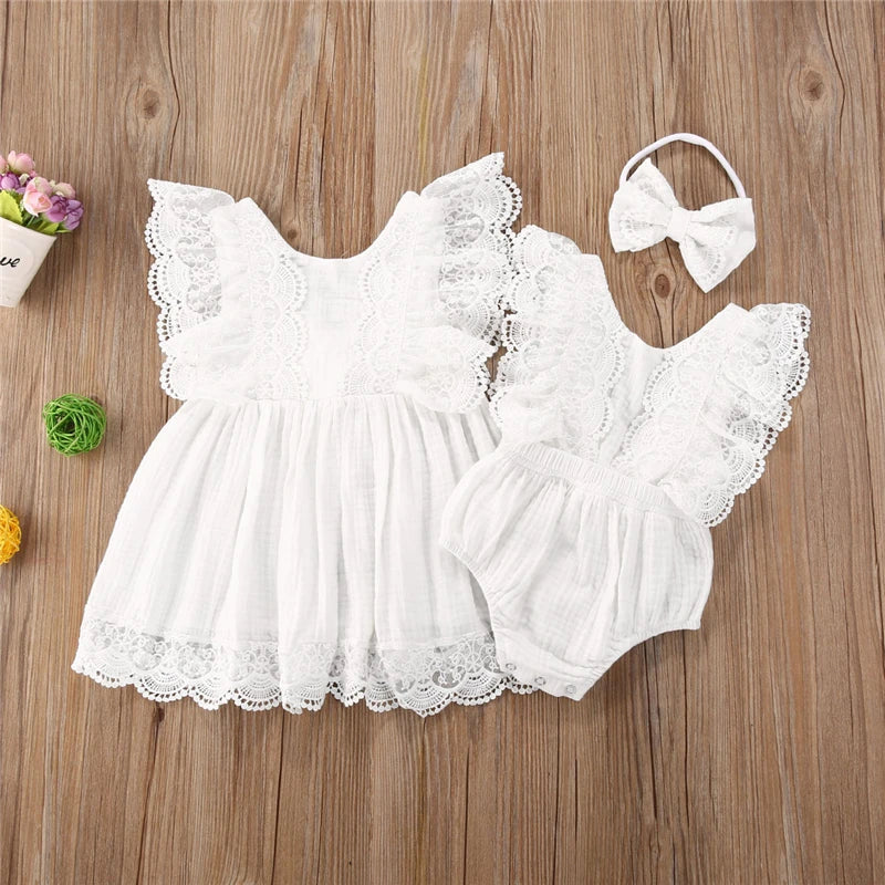 New Summer Toddler Kids Baby Girl Clothes Sister Matching Outfits Lace Tutu Romper Jumpsuit / Lace Floral Dress Sundress Set