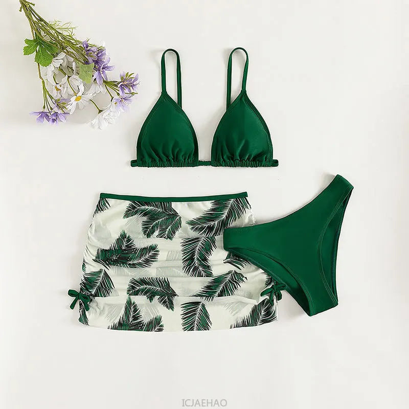 2025 Girls Printed Bikini Swimsuit Three Piece Set Beach Swimwear Big Kids Outfit Simple Holiday Wear Matching Summer New