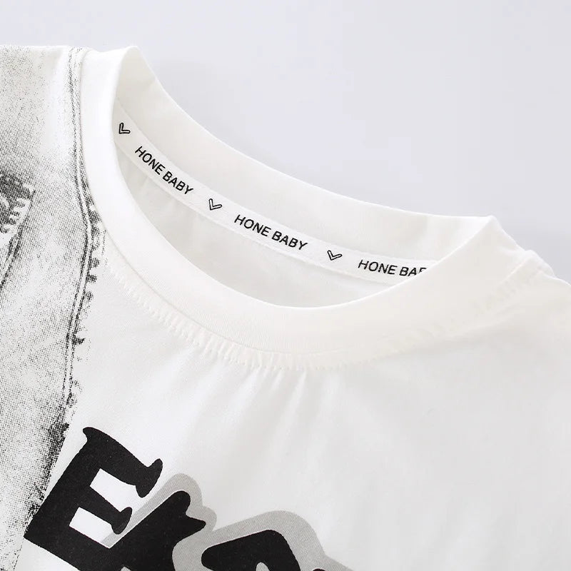 Boys Summer T Shirt Casual O Neck Short Sleeve Kids Fake Denim Pocket Print Tops Letter Graphic Tees Children Streetwear Clothes