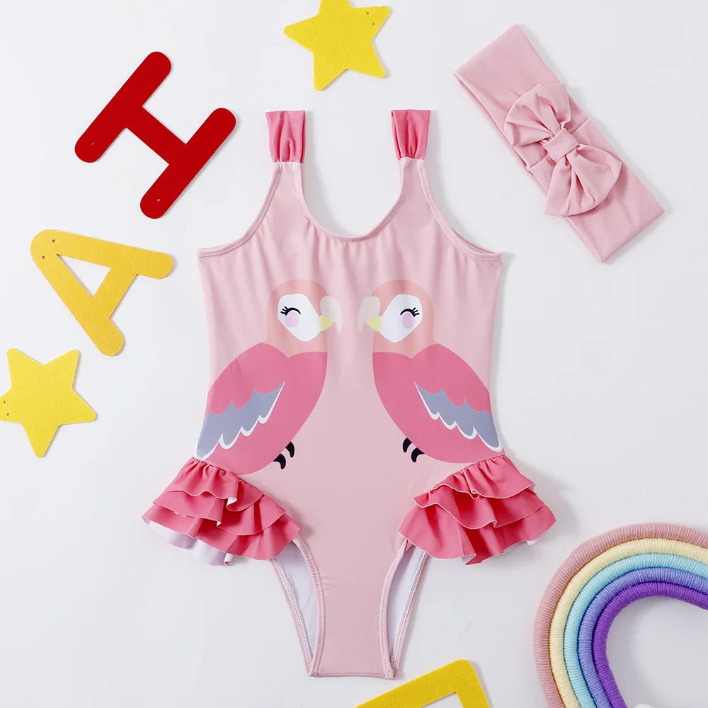 2026 Summer Children Swimsuit 2-8Years Girls Swimsuit Infant Baby Cute Cartoon Sleeveless Bikini Briefs One-piece Swimsuit
