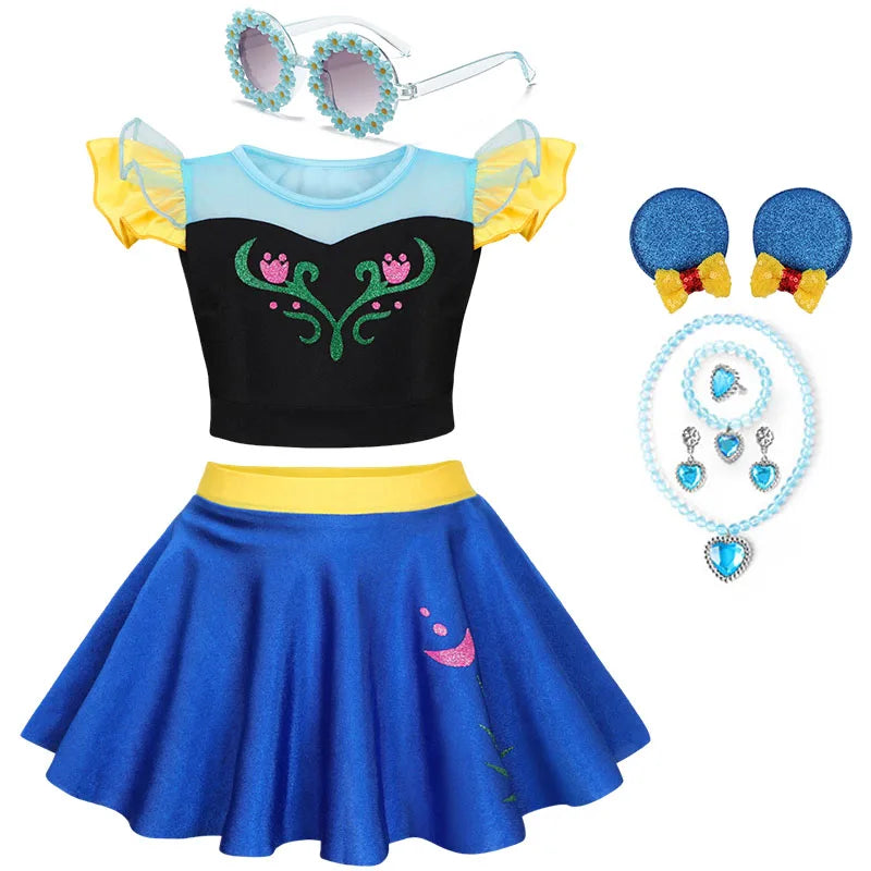 Summer Kids Girls Two Piece Elsa Beach Bikini Swimsuit 2025 Kids Rapunzel Jasmine Swimwear  Child Swimming Outfits Ruffled Skirt