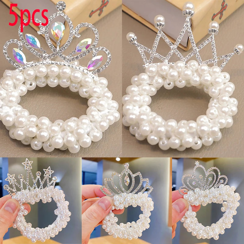 Fashion Pearl Crown Princess Elastic Hair Bands Cute Kids Hair Ties Girls Accessories Baby Headwear