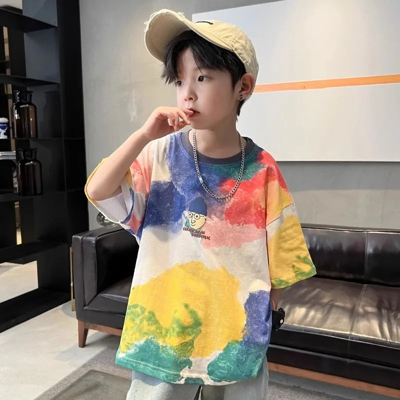 Summer Boys T-shirt High Quality Sweat Wicking Breathable Top Digital Spray Printed Children's Clothing High Street Kids Clothes