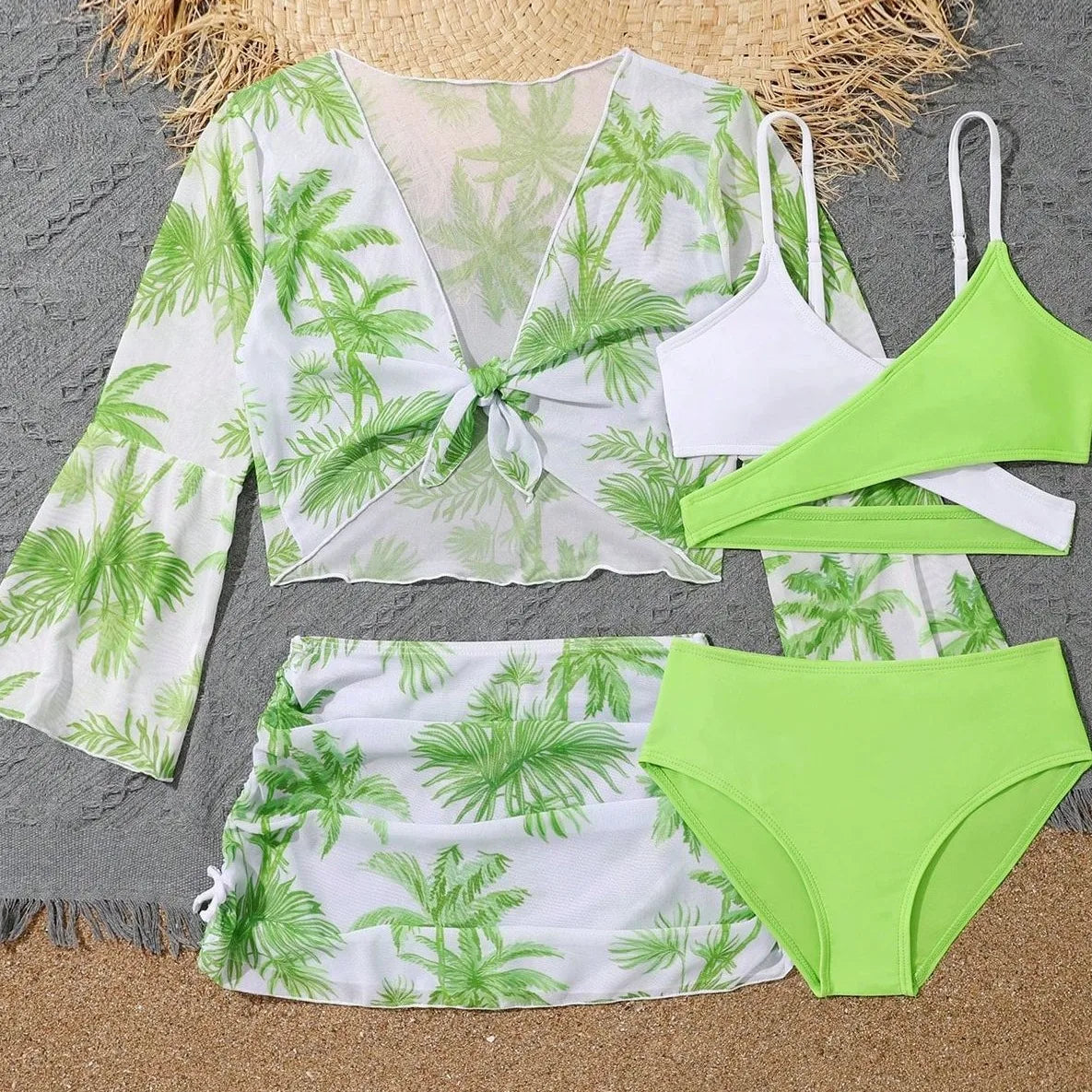 4 Pieces Bikini Top & Skirt 2025 Girls Swimsuit Kids High Waist Swimwear Children Bathers Bathing Swimming Swim Suit Beachwear
