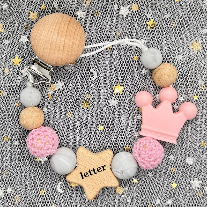 Custom Name Silicone Beads Wooden Ring Pacifier Clips Safe Teething Chains Baby Teether Eco-friendly Dummy Beech Clips Holder
