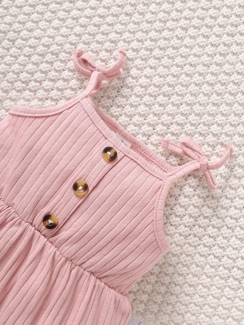 Newborn Baby Girl Bodysuit 0-9 Months Pink Cute Suspender Sleeveless Romper+Big Headband 2PCS Summer Clothes Set for Infant Girl