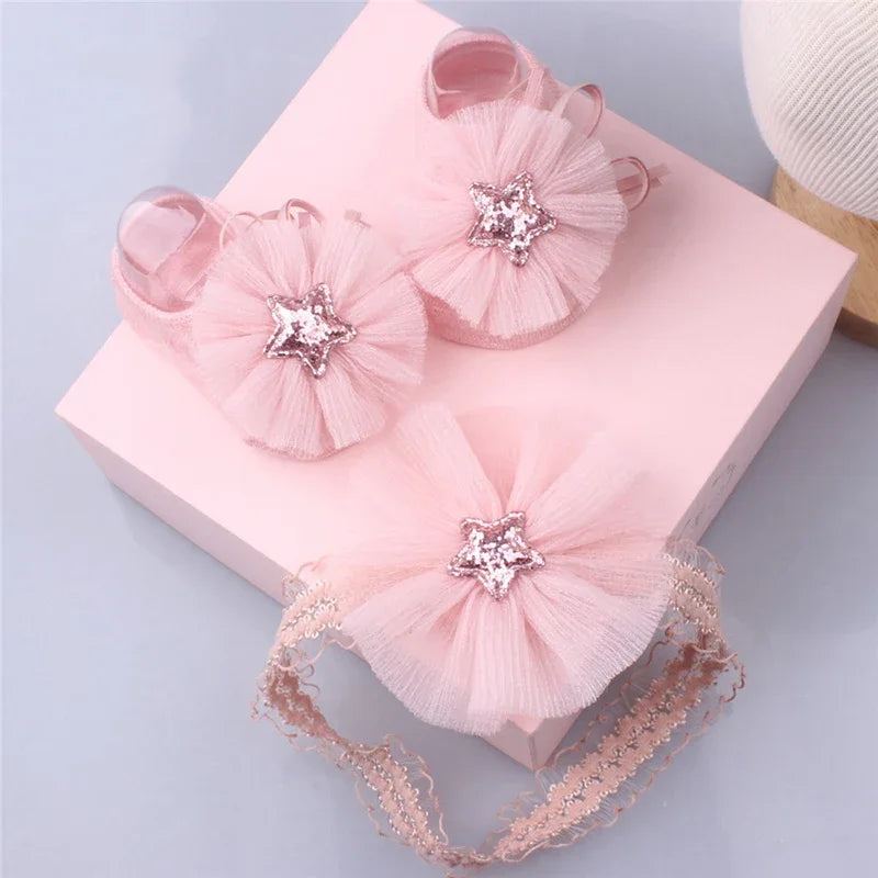 Baby Headband Socks Sets Sequin Bow Hairbands Pink Mesh Flower Newborn Boat Sock Princess Girls Headwear Kids Hair Accessories