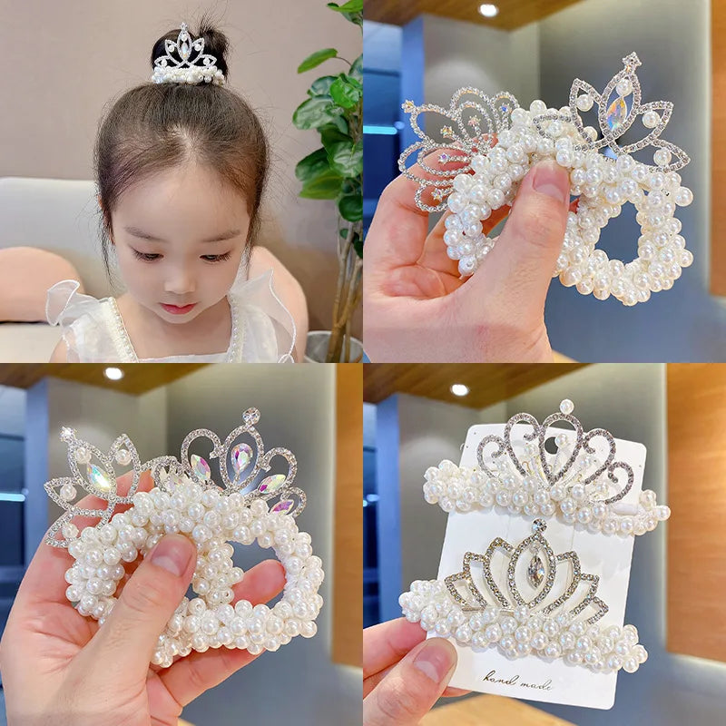 Fashion Pearl Crown Princess Elastic Hair Bands Cute Kids Hair Ties Girls Accessories Baby Headwear