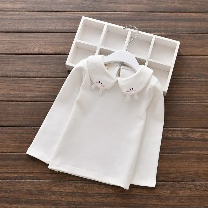 Toddler Girls T-shirts Autumn Cotton White Pullover Tops for Kids Fashion Children Long Sleeve Bottoming Shirts Cute Flower Tees