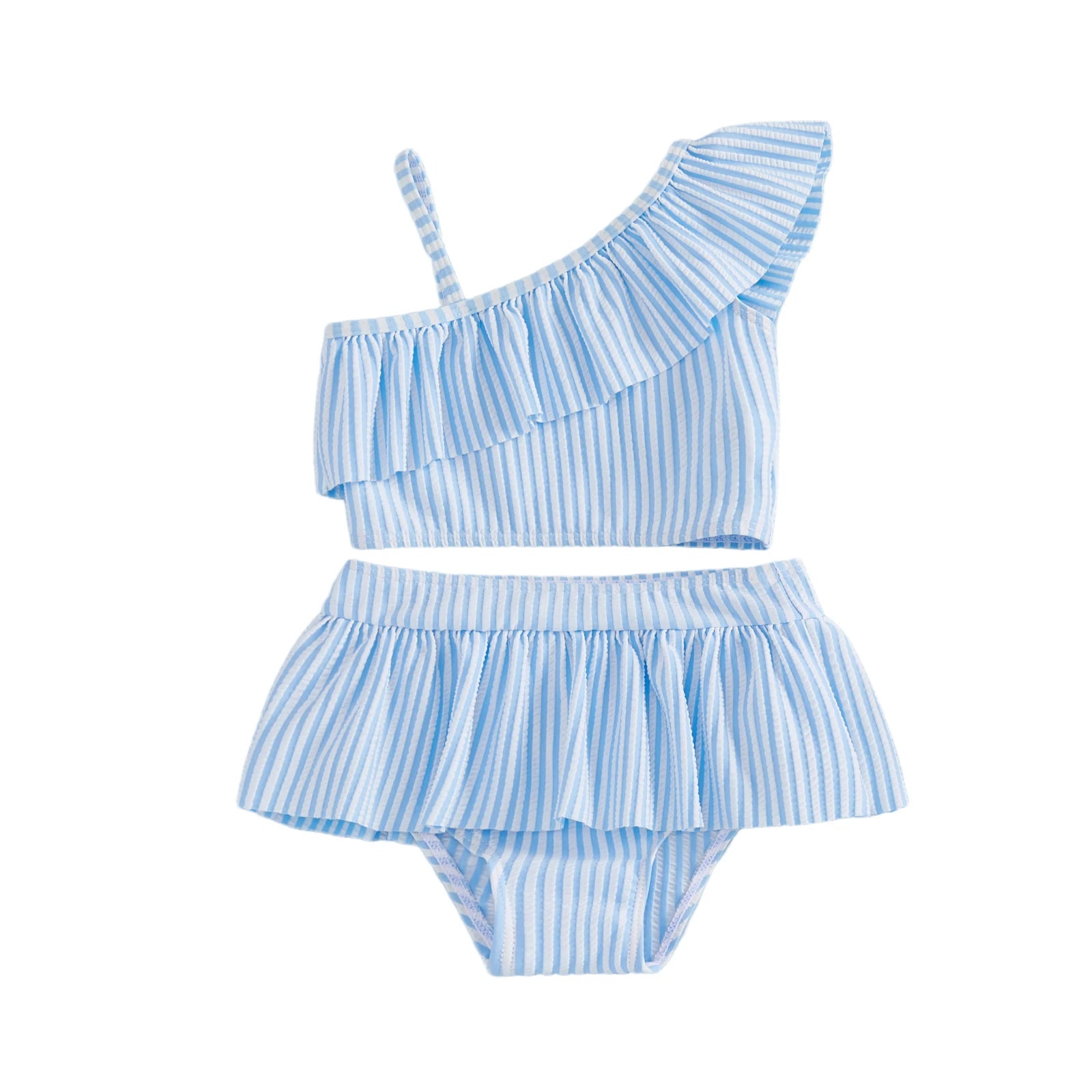  1-5Y Toddler Girls 2pcs Bikini Sets Kids Striped One Shoulder Asymmetric Swimsuit Ruffled Swimwear Summer Beach Bathing Suit