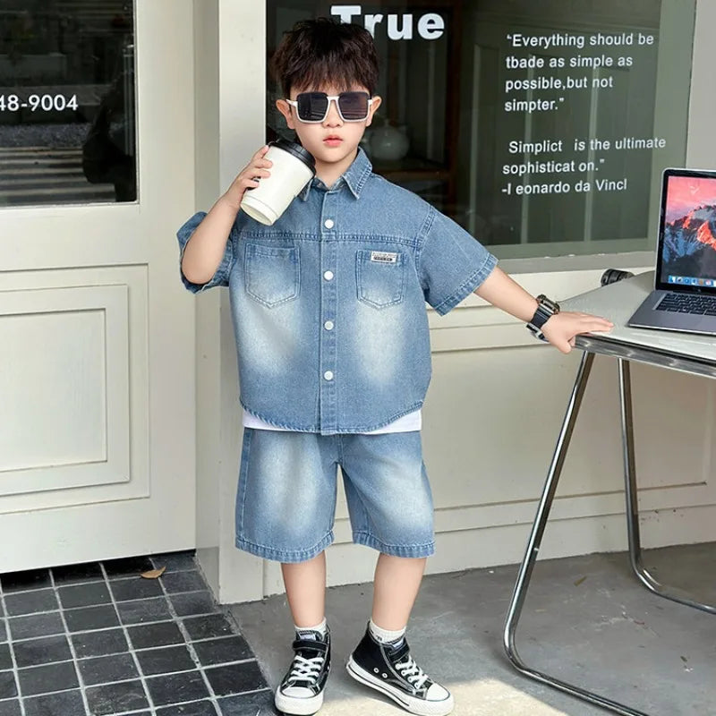 Boys Summer Outfit Short Sleeve Denim Three Piece Set Trendy Toddler Clothes Stylish Baby Suit