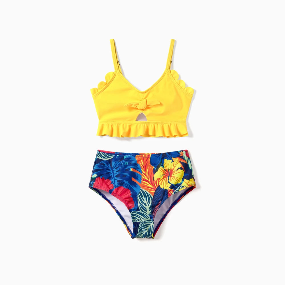 Family Matching Swimwear Set, Sexy Plants Floral Design, Fabric Stitching, Medium Thickness