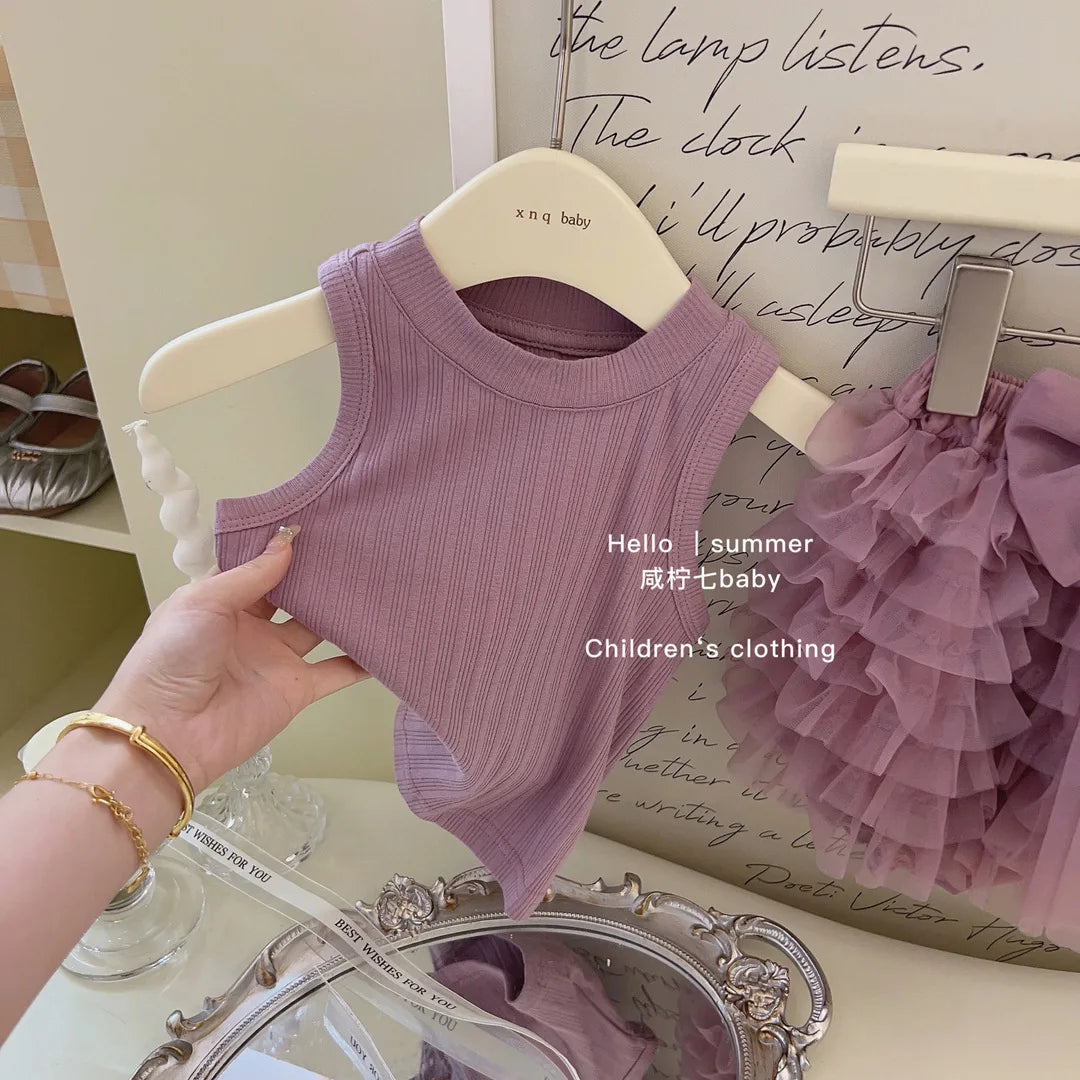 New girl vest +skirt 2pc/set solid girls baby children summer princess dress fashion clothes students 0-8year 80-140 purple