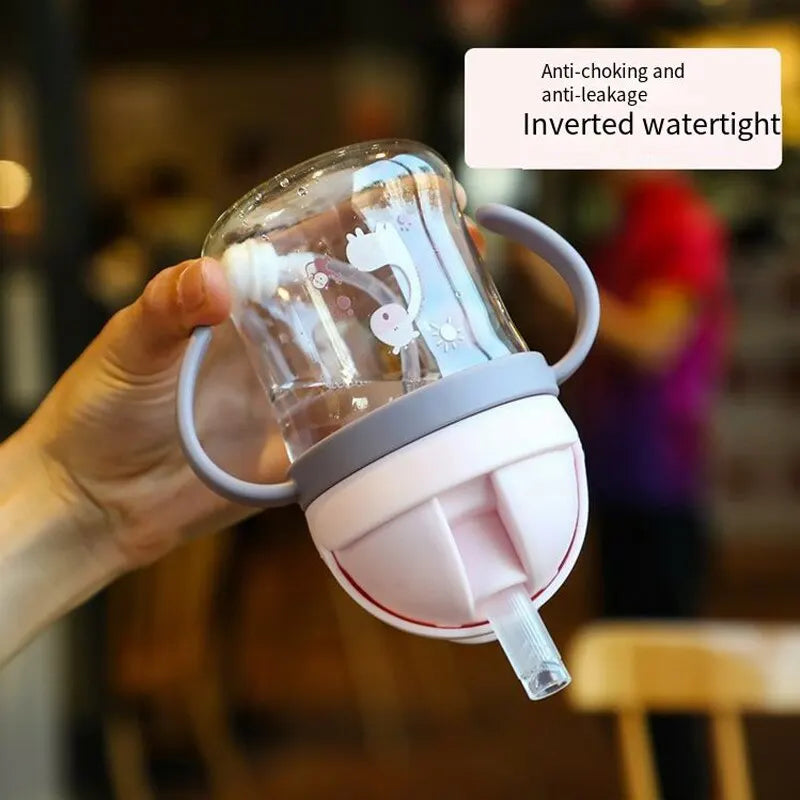 1/2pcs 250ml Pink Baby Drinking Cup Feeding Bottle With Straw Gravity Ball Wide Caliber Drinking Milk Water Bottle With Handle