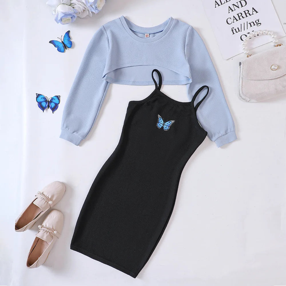 Kids Casual Clothing Sets Outfits for Girls 2024 Autumn Children Fashion Long Sleeve Short Tops Print Cami Bodycon Dress 5-14Y