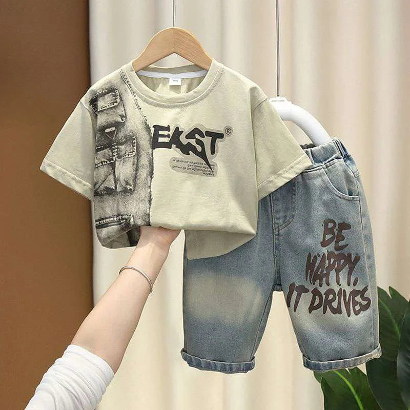 Summer New Children Boys Outfit Muslin Letter Handsome Round Collar Tops Suit Gradient Denim Pants Thin Toddler Kids Boys Outfit