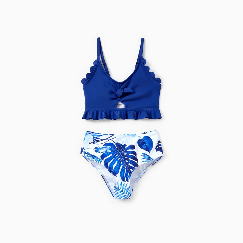 Family Matching Blue Tropical Leaf Swimwear Set Dad Boy Board Shorts & Mom Girl Bikini Sets