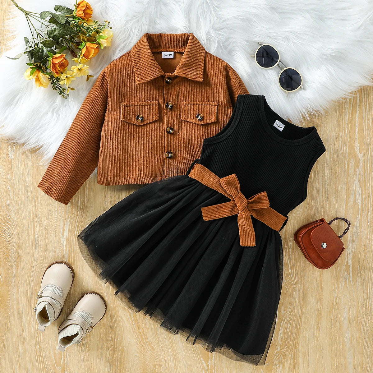 Kids Girls' Fall/Winter Outfit Set Dress With Long Sleeve Solid Jacket Coat Children Clothes For 1-6Y Active Suit