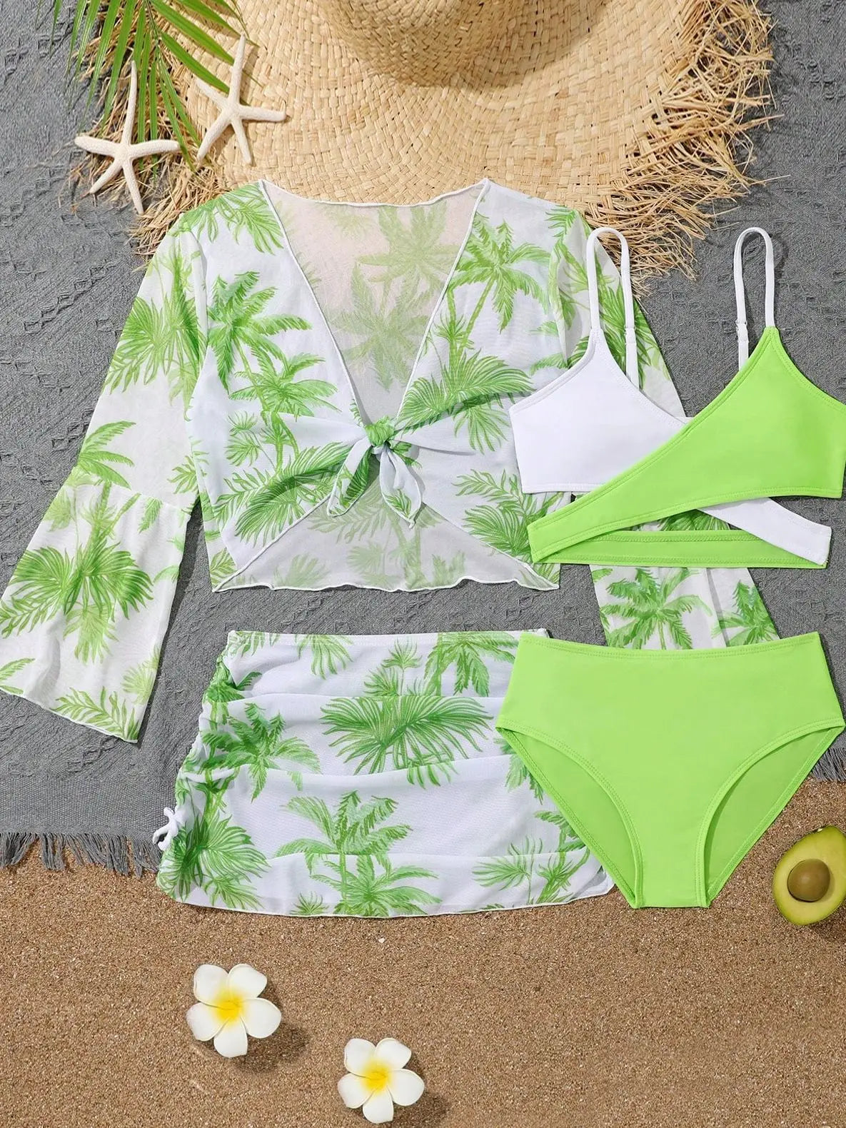 4 Pieces Bikini Top & Skirt 2026 Girls Swimsuit Kids High Waist Swimwear Children Bathers Bathing Swimming Swim Suit Beachwear