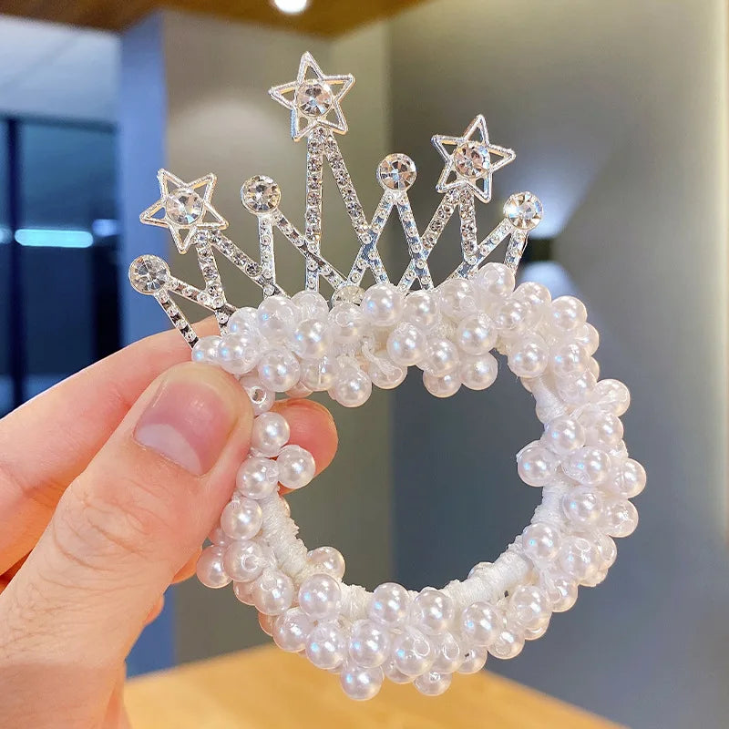 Fashion Pearl Crown Princess Elastic Hair Bands Cute Kids Hair Ties Girls Accessories Baby Headwear