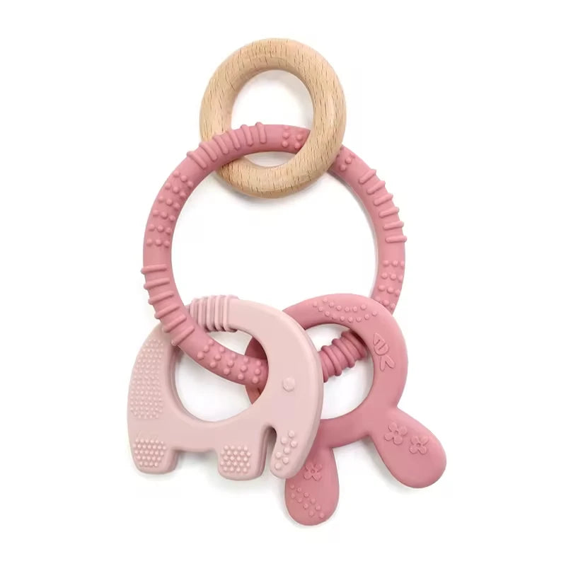 Baby Teething Toys Silicone Wooden Ring Teether BPA Free Cute Elephant Babies Chew Toy for Boys and Girls Newborn Gifts