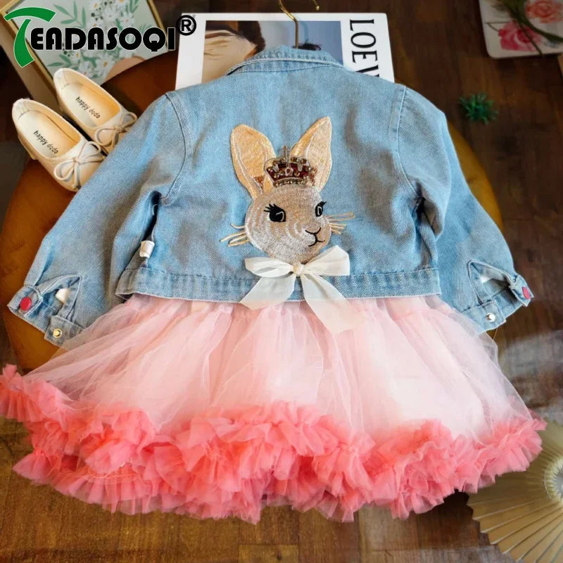 3-8Y Kids Clothes Suit for Spring Autumn Children Cardigan Denim Jacket Coat Top+Girls Gauze Skirt Lace Princess Dress 2Pcs Set