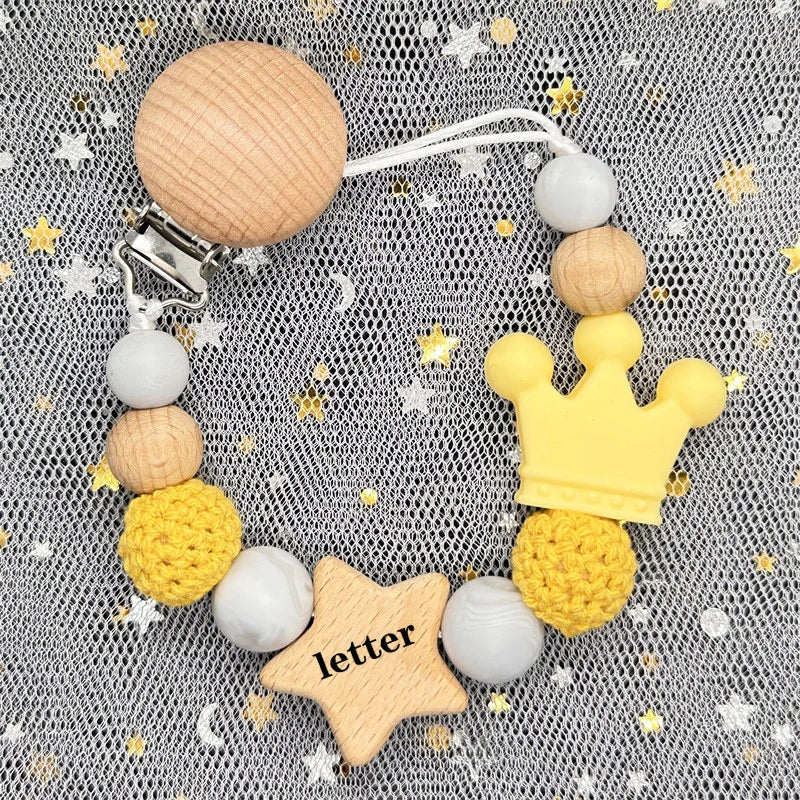 Custom Name Silicone Beads Wooden Ring Pacifier Clips Safe Teething Chains Baby Teether Eco-friendly Dummy Beech Clips Holder