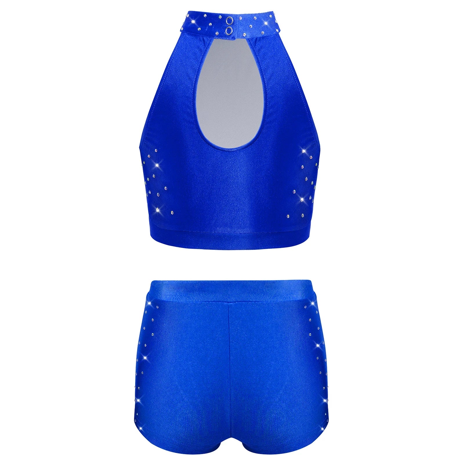 Kids Girls Ballet Dance Outfits Gymnastics Performance Costume Cutout Back Sparkling Rhinestone Crop Top with V-front Shorts