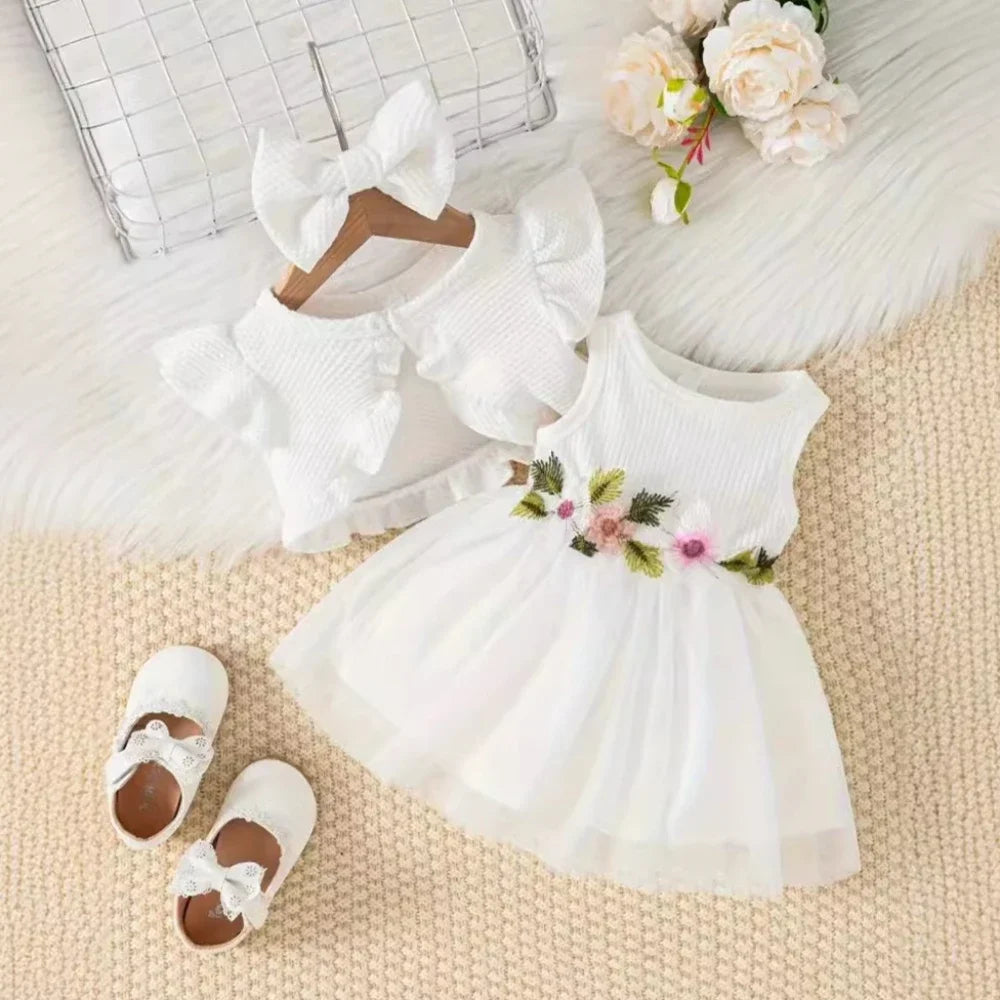 Solid Color Summer Style 1-3 Year Old Baby Girl Casual Clothes with Flower Embroidery Vest Dress+coat Set Korean Version