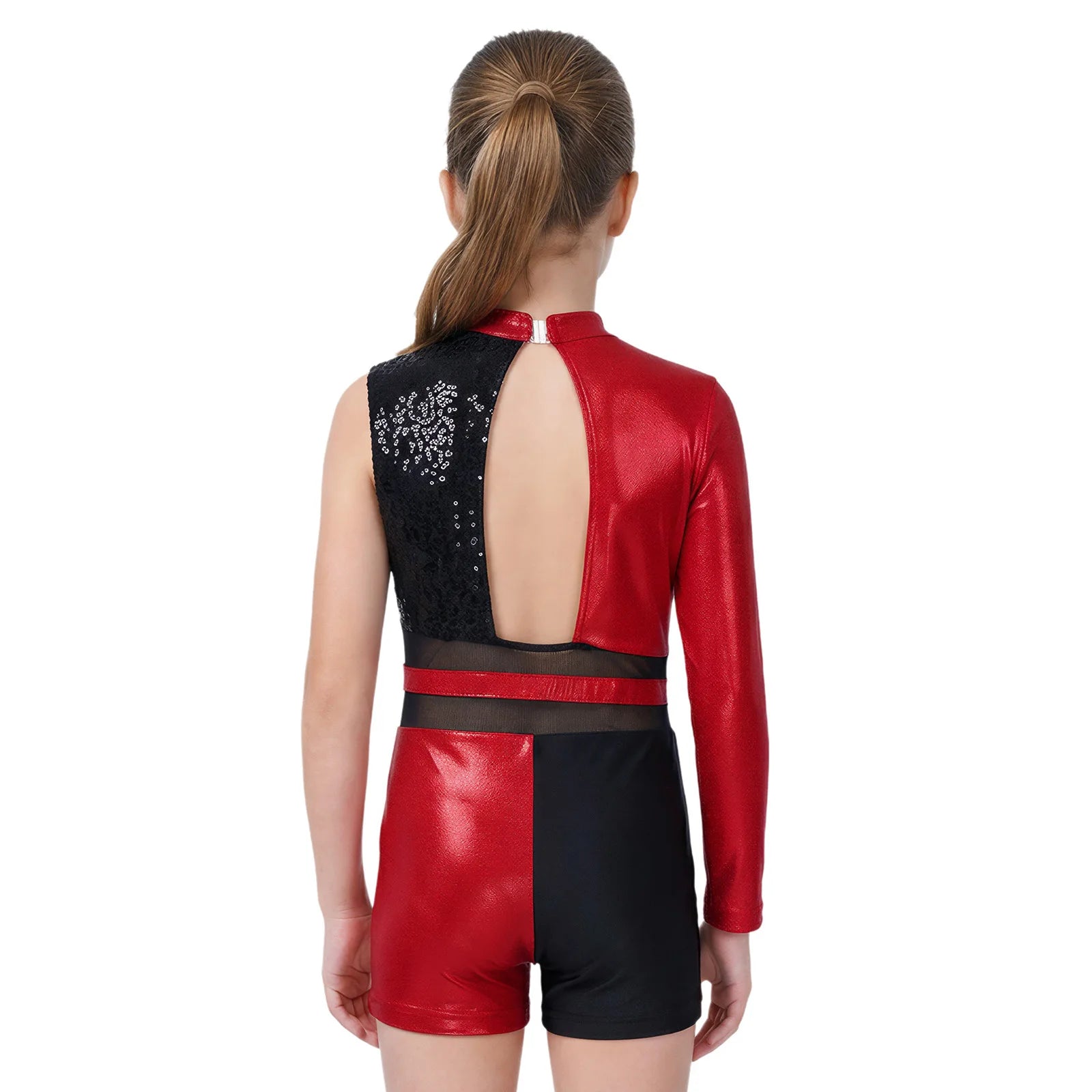 Kids Girls Gymnastics Ballet Leotards Jumpsuit Dance Outfits Performance Costume Cutout Back Glittery Sequins Metallic Dancewear