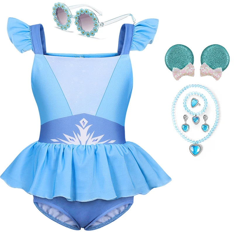 Summer Kids Girls Two Piece Elsa Beach Bikini Swimsuit 2025 Kids Rapunzel Jasmine Swimwear  Child Swimming Outfits Ruffled Skirt