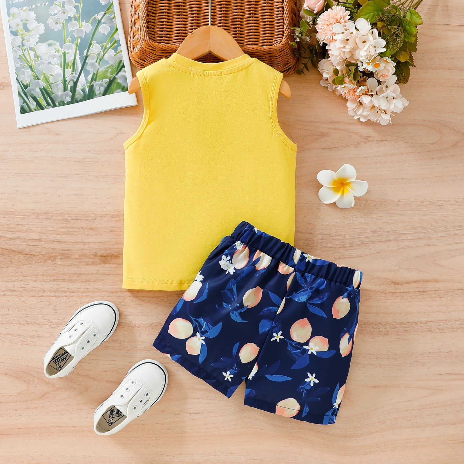 Summer Boys' Energy Set Bright Yellow Sleeveless Vest + Dark Blue Watermelon Print Shorts Two-Piece Set for Active Kids