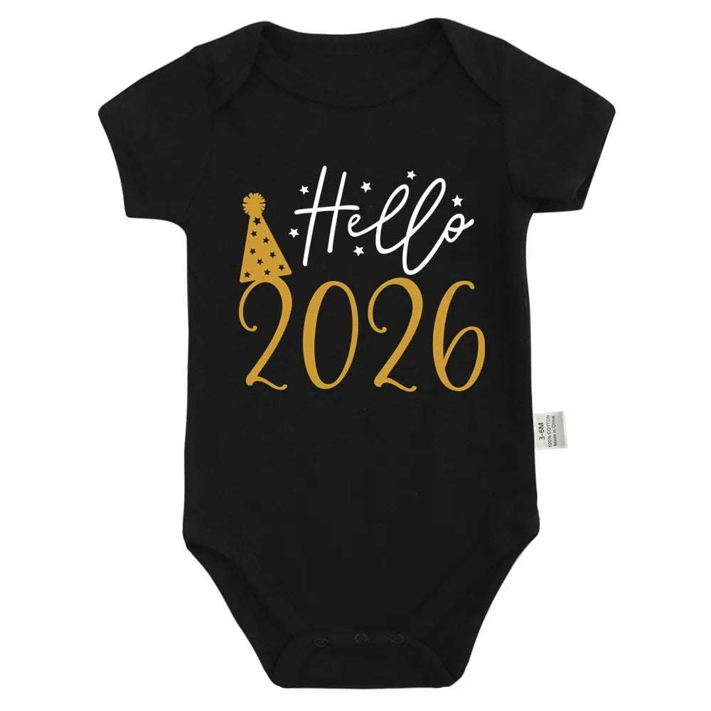 Hello 2026 Newborn Baby Bodysuit Cotton Short Sleeve Infant Rompers Body Baby Boys Girls New Year Ropa Clothes Christmas Gift