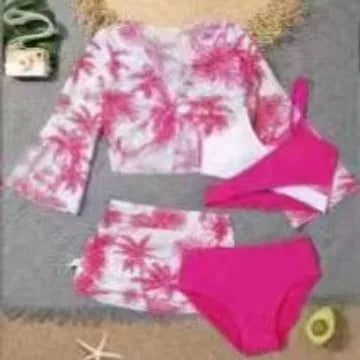 4 Pieces Bikini Top & Skirt 2025 Girls Swimsuit Kids High Waist Swimwear Children Bathers Bathing Swimming Swim Suit Beachwear