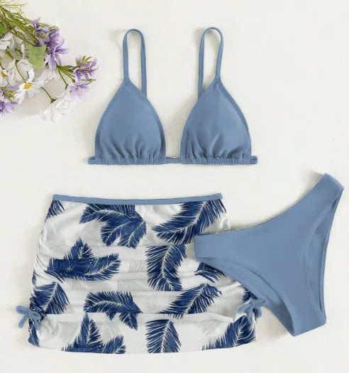 2025 Girls Printed Bikini Swimsuit Three Piece Set Beach Swimwear Big Kids Outfit Simple Holiday Wear Matching Summer New