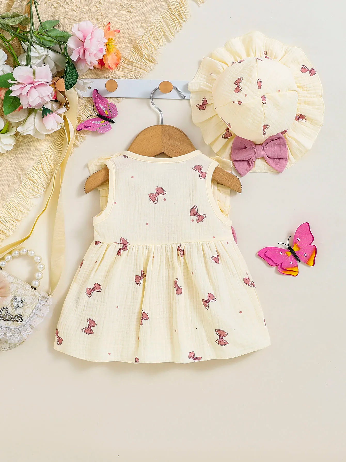 2Pcs Baby girl Dress Round neck Bow print Ruffle Edge Dress+Hat Set suitable for Giving to 0-9 Month Baby girl Newborn Dress