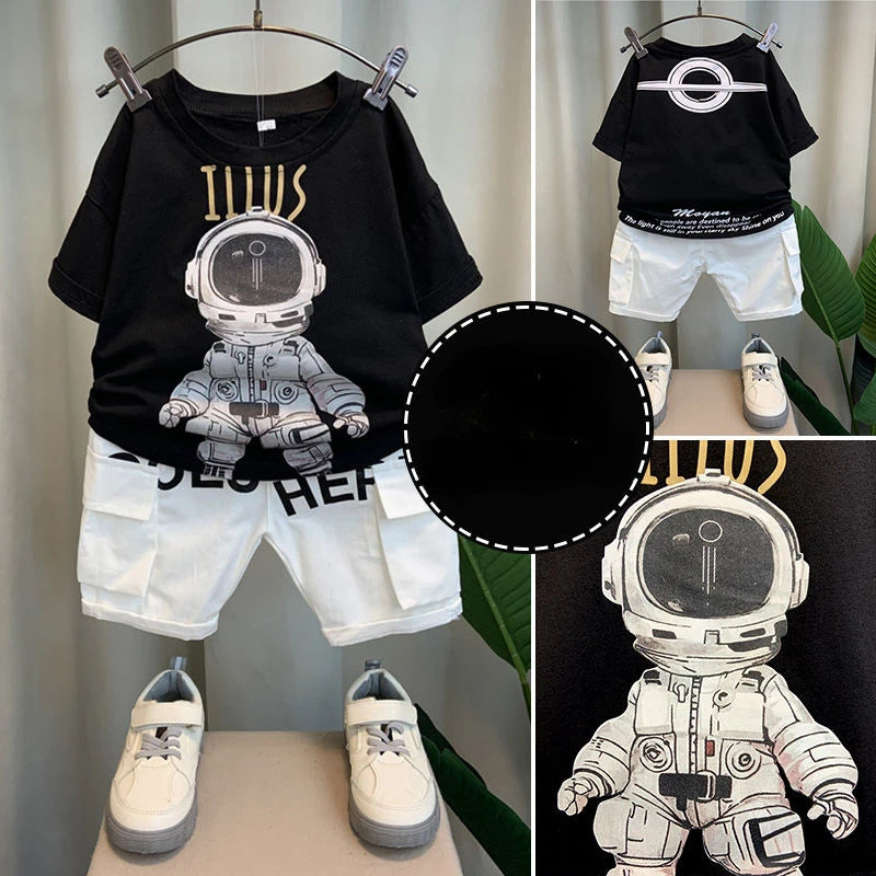 Korean Children's Clothes 2025 Summer Kids Clothes Boys Casual Suit Baby Outdoor Clothes T-shirt + Letter Shorts Two Pieces Set