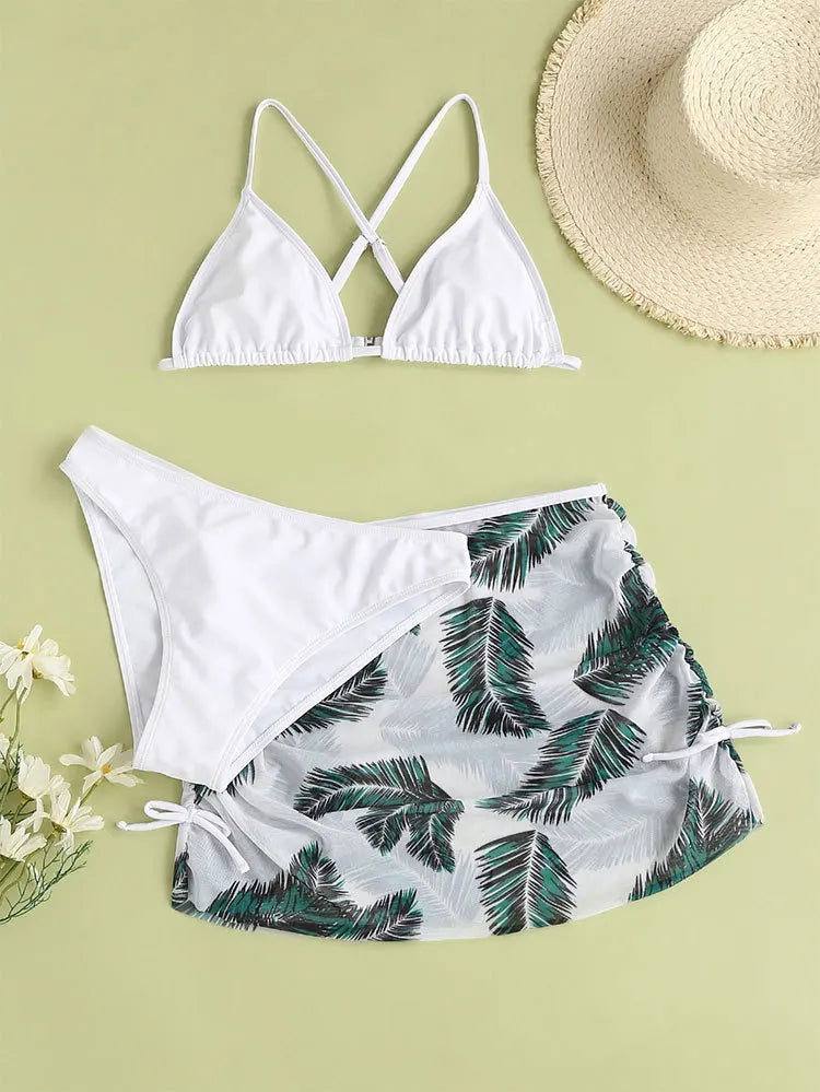2025 Girls Printed Bikini Swimsuit Three Piece Set Beach Swimwear Big Kids Outfit Simple Holiday Wear Matching Summer New