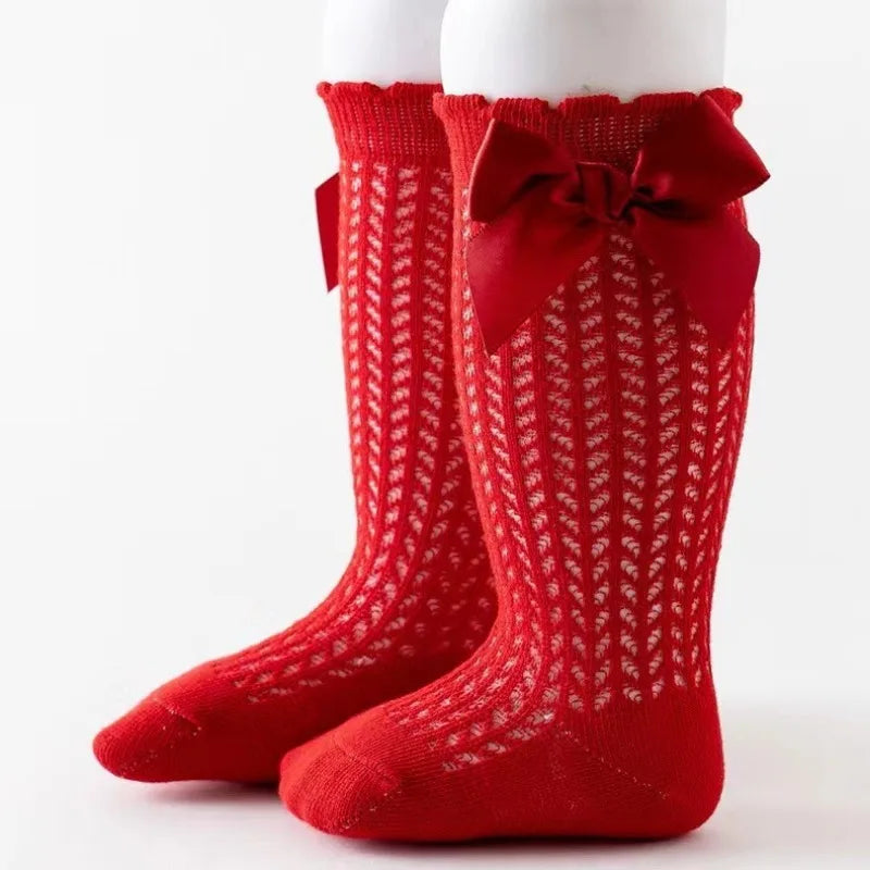 Baby's Christmas Red Socks Sweet Big Bows Knee High Princess Sock for Infant Holiday Atmosphere Cotton Mesh Breathable Long Sock