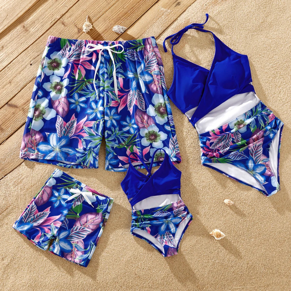 Family Matching Tropical Floral Print Swimwear Set: Dad Shorts, Mom One-Piece, Kid Swimsuit