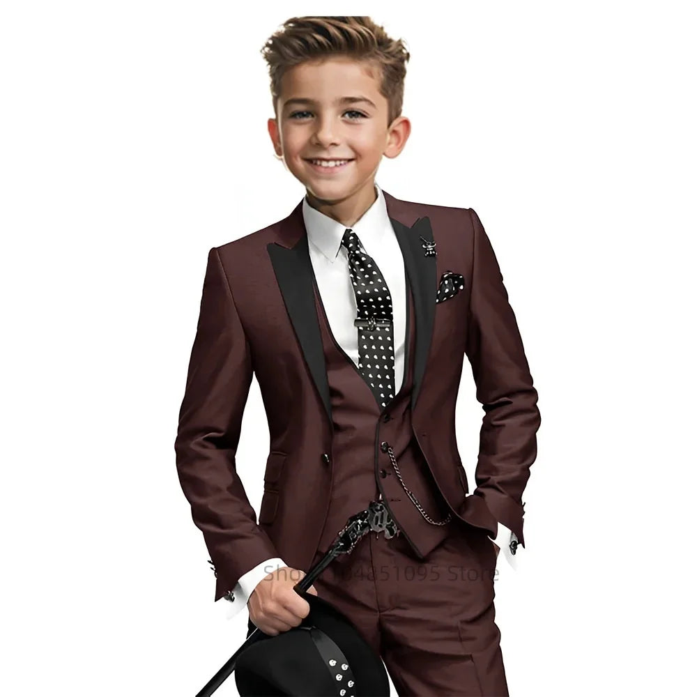 Gentleman Tuxedo Outfit for Boys 2-18 Years High Quality Boys' 3-Piece Suit 3Pcs Wedding Birthday Party Blazer Vest Pants Sets