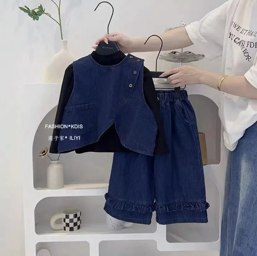 Korean Kids Girl 3PCS Clothing Autumn Children Girl Soft Solid Undershirt+Vest+Jeans Outfit Little Girl Wide Leg Pant Denim Suit