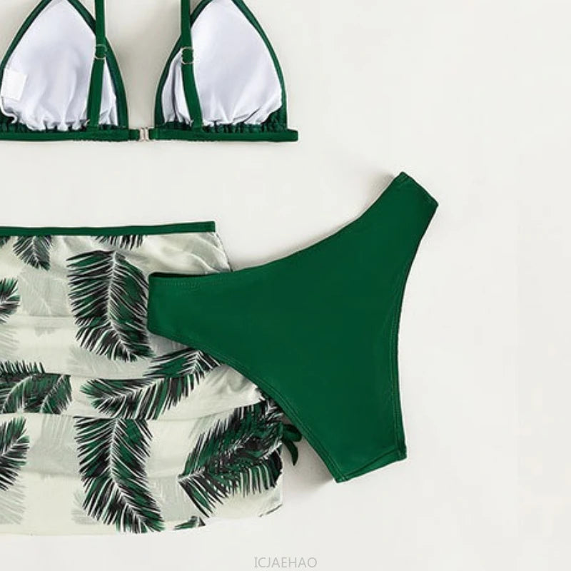 2025 Girls Printed Bikini Swimsuit Three Piece Set Beach Swimwear Big Kids Outfit Simple Holiday Wear Matching Summer New