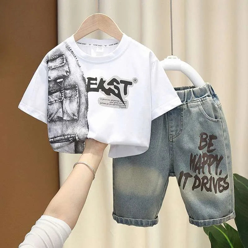 Summer New Children Boys Outfit Muslin Letter Handsome Round Collar Tops Suit Gradient Denim Pants Thin Toddler Kids Boys Outfit